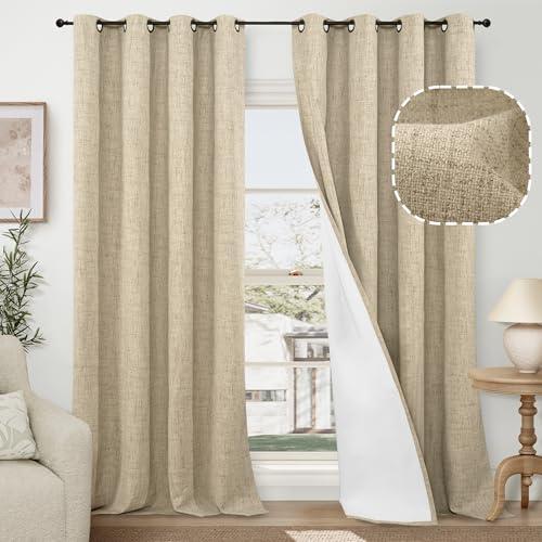 60 Inch Wide Linen Blackout Curtains for Living Room/Bedroom 84 Inch Length 2 Panels, Total Black Out Thermal Insulated Soundproof Grommet Boho Window Drapes White Liner for Modern Farmhouse, Burlap