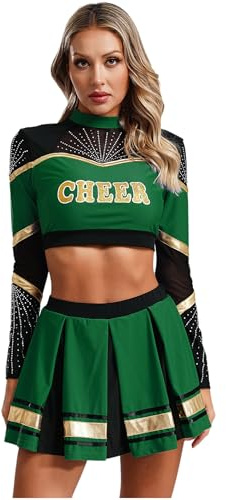 Yhong Cheerleading Kostüm Damen Zweiteiler High School Uniform Langarm Crop Top und Faltenrock Cheer Kostüm für Halloween Party Verkleidung Karneval Grün XXL