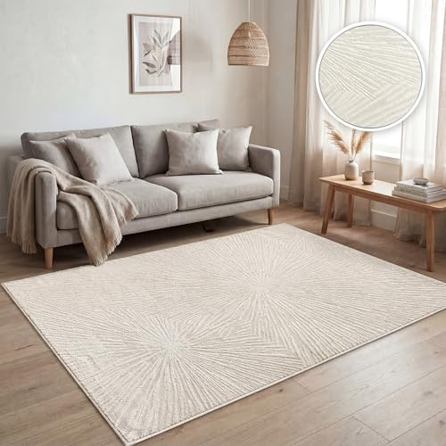 Paco Home Teppich Wohnzimmer Kurzflor, Moderne geometrische abstrakte Muster, 3D-Effekt, Regenbogen und Karo Design, glänzend luxuriös Ton in Ton, Farbe:Creme - Abstrakt, Grösse:160x220 cm
