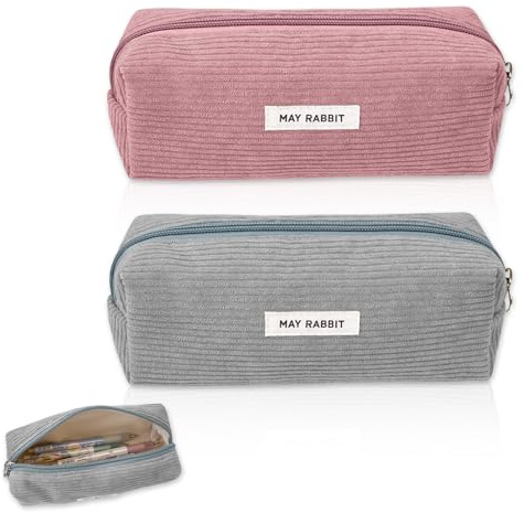TenaLucy 2 Stück mäppchen Cord-Stoff,federmäppchen mädchen Pencil case Mäppchens Federmäppchens Stiftemappe Schulmäppchon Große Speicherkapazität Stiftetasche mäppchon Aesthetic (Fleischrosa + Grau)