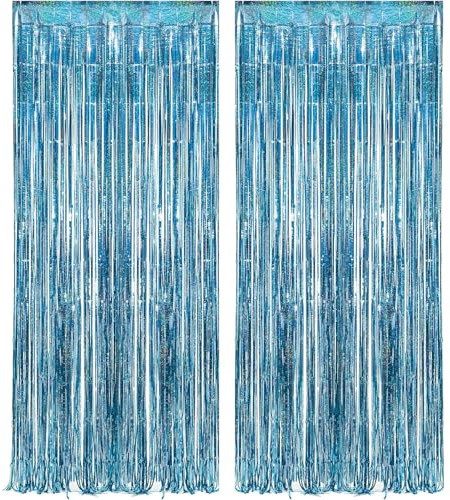 CUEMOON Lametta Vorhänge Blau Glitzer, 2 Stück Metallische Glitzervorhang Fringe 1m x 2.5m, Deko für Weihnachtsbaum Geburtstage Festivals Party ​Kindergeburtstag Party Bühnendekor