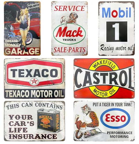 Set di 7 cartelli decorativi in metallo, 20 x 30 cm, decorazione vintage, targa in metallo, stile retrò, targa per auto, bar, benzina, moto, targa in metallo, decorazione in metallo