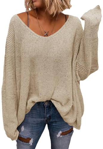 Saodimallsu Pull à col en V pour femme - Coupe ample - Pull tricoté à manches longues - Hauts surdimensionnés