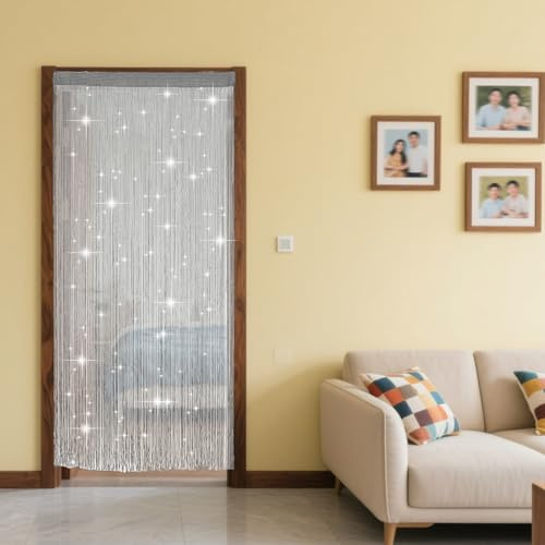 DiiWmme 2 Pack Glitter String Curtain with Tassels, 100x200cm Door Curtain with 80 Pins, Sparkly Room Divider for Living Room Bedroom Party, Shimmering Fly Screen for Windows Doors (Grey)