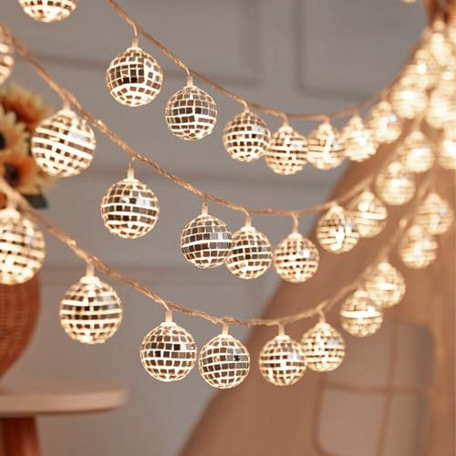 ENLACE Disco Ball Fairy Lights, 2 m, 10 LED Disco Ball String Lights, Battery Operated, 4 cm Mirror Balls, White Moroccan Fairy Lights for Bedroom, Carnival, Wedding, Party, Christmas