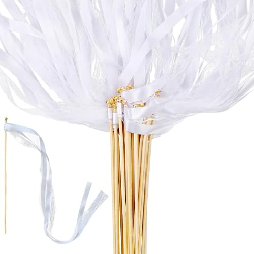 Voarge 30 Stück Wedding Wands mit Glocke, Weiß Spitze Wedding Twirling Streamers, Zauberstäbe mit Schleifen Glocken, Spitzenfeenstab Seidenfeenstab für Hochzeit, Weihnachten, Geburtstag, Party