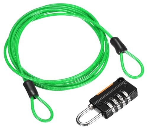 sourcing map Security Steel Cable with 4 Digit Combination Lock, 4.9Ft Coated Safety Green Wire Rope Double Loop Padlock Luggage Lock for Outdoor Travel (150cm)