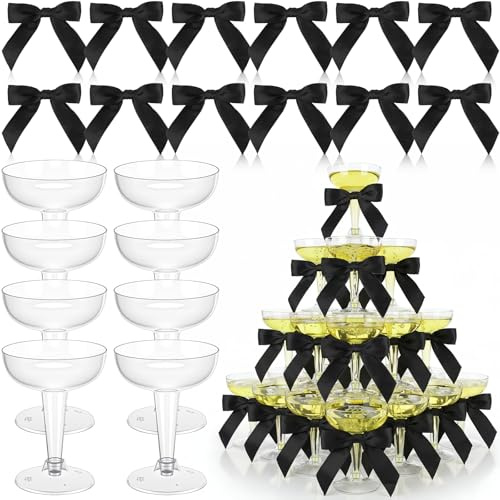 Ckhoid 50 Sets Champagne Coupe Cocktail Glasses, 4oz Small Acrylic Martini Glasses with Satin Ribbon Black Bow, Plastic Margarita Martini Cups, Reusable Champagne Cups for Party, Home, Bar, Wedding