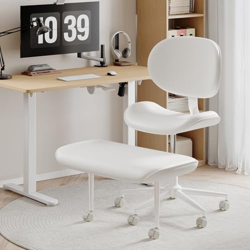Kreuzbeiniger Bürostuhl mit Rollen für ADHS, ergonomischer 360° drehbarer höhenverstellbarer Meditationsstuhl für Yoga, breiter Kniestuhl mit starker Lendenwirbelstütze, PU-Leder, gebrochenes Weiß