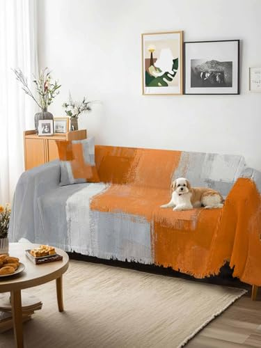 Orange Abstract Sofa Cover Blanket Couch Covers for Armchair Cushion,Couch Sofa Silpcover with Tassel,Grey Geometric Oil Painting Vintage Gradient Living Room Throw Towel Blanket Covers XX-L 71x150