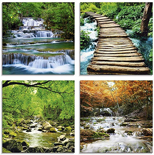 ARTland Wanddeko Glasbilder Wandbild Glas Bild Set 4 teilig je Quadratisch Natur Wald Urwald Dschungel Wasserfall Fluss Felsen Jahreszeiten S6GL