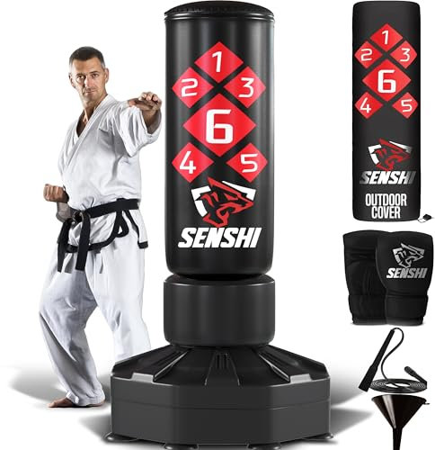 Senshi Japan Freistehender Boxsack, 1,83 m, Perfekt für Training & Praxis, extrem leicht aufzubauen, aus robustem Leder und Stahl, bester Boxsack für Kampfsport, Muay Thai, Kicken und Boxen