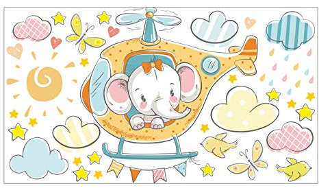 nikima - 028 Wandtattoo Baby Elefant auf Hubschrauber Kinderzimmer Wanddeko - in 6 Größen - niedliche Kinderzimmer Sticker Babyzimmer Aufkleber süße Wanddeko Wandbild Junge Mädchen Größe 750 x 420 mm