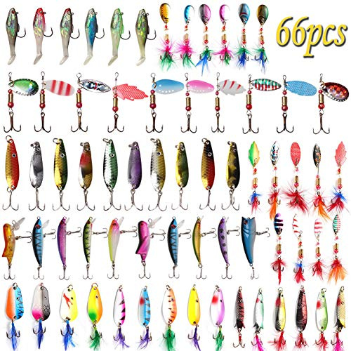 66pcs Fishing Lures Spinner Baits, Trout Bass Salmon Walleye Lures Kit with Treble Hooks Rooster Feather Tail, Assorted Spinnerbait Spoons Minnow Swim Bait for Freshwater Saltwater Fishing