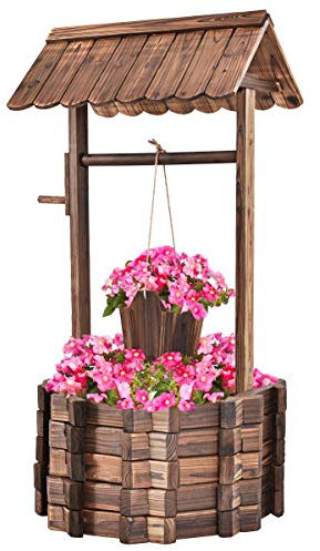 COSTWAY Fontaine de Jardin d'Ornement en Bois de Sapin Traité Carbonisation, Puit de Jardin 56 x 56 x 114 cm avec Seau et Manivelle, Décorative de Jardin