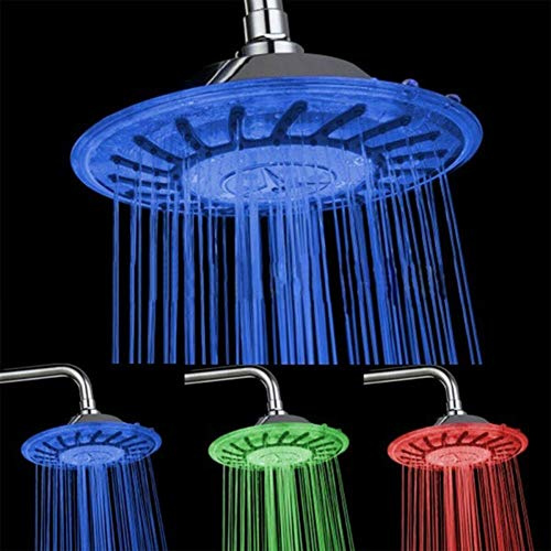 LED Shower Head 8 inch, Auto Color Changing LED Shower Head Round Shower Sprayer 3 Colors Water Temperature Controlled for Bathroom Shower Heads Replacement (Fixed)