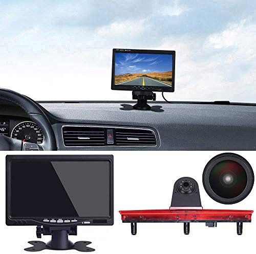 【Mit schwarzer rückseitiger Abdeckung】 Auto Bremslicht Rückfahrkamera Ersatz für VW T5 Bus Transporter Multivan Caravelle (Winkel und Abstand einstellbar) (18mm Kamera + 7 Zoll TFT LCD Monitor)