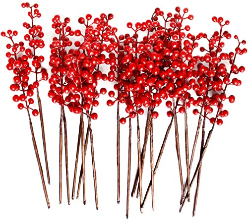 OrgMemory Künstliche Beere, Gefälschte Burgunderbeere, (20 Stück, je 30 cm), Künstliche Beerenstiele für Weihnachten, Blumensträuße, Kranzdekorationen, Heimdekoration (Rot)