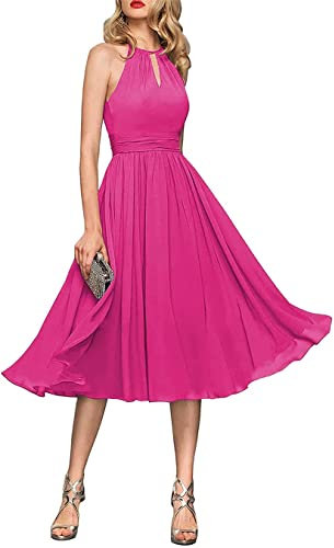 HPPEE Vestidos de dama de honor para jóvenes, cortos, sin mangas, espalda abierta, vestidos de cóctel con bolsillos, fucsia, 48