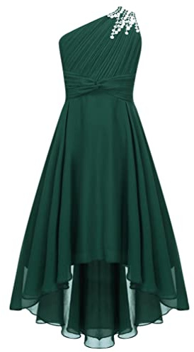 iiniim Enfant Fille Robe De Soirée Une Epaule Robe De Mariage Demoiselle d'honneur Asymétrique Robes Cérémonie Baptême Party 5-16 Ans Vert Armé 11-12 Ans