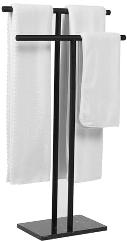 WISATO - Free Standing Towel Rack for Bathroom - Matte Black Finish - Stand Alone 2 Tier Stainless Steel Towel Rack for Bathroom Floor with Heavy Marble Base - Double T Shape Drying Stand for Towels