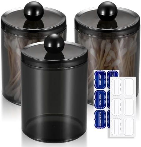 Gaomoeny Kosmetik Organizer, 3 Stk Wattestäbchen Halter, schwarze Apothekergläser für Badezimmer, für Wattebausch,Wattestäbchen,Runde Wattepads,Zahnseide,Make-up-Schwämme,Haarspangen