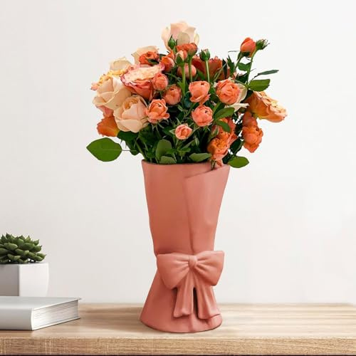 Relexome Keramik Vase mit Schleife, 24,5 cm Pink Rosa Modern Boho Vase, dekorative Aesthetic Blumenvase für Blumenstrauß, Pampasgras, für Wohnzimmer, Schlafzimmer, Tischdekoration, Home Deko