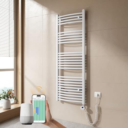 EMKE Scaldasalviette elettrico bagno,Curvo,140 x 50cm, 600W,Scaldasalviette con WIFI Termostato,Bianco,Radiatore da Bagno,Termoarredo Asciugamani da Bagno