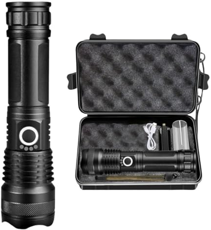 MAGIC SELECT Linterna LED Recargable de Alta Potencia con Indicador de Batería, Impermeable y Carga por USB. Caja de Seguridad, Cordón y Cable Micro USB Incluidos. 5 Modos, Zoom Ajustable.