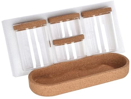 Soulnioi Vorratsdosen aus klarem Glas mit Korkdeckel, 4 Glasbehälter mit Holzboden, Ständer, für Tee, Süßigkeiten, Kaffeebohnen, Organizer (3 große und 1 kleine Schwamm-Verpackungen)