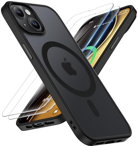 ORETECH für iPhone 14 Hülle 6,1 Zoll mit 2 Schutzfolie, Kompatibel mit Mag-Safe, Stoßfest Kratzfest Mattierte Transluzente Rückseite Magnetisch Handyhülle für iPhone 13/14,Schwarz