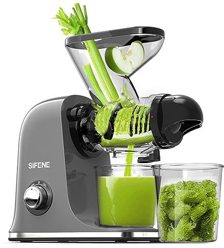 SiFENE - Exprimidor de prensa en frío, exprimidor compacto de masticaje lento de una sola porción, exprimidor de jugo de verduras y frutas, fácil de limpiar, sin BPA, gris