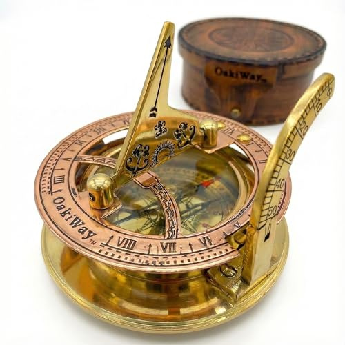 OakiWay Brass Sundial Compass - Gifts for Men, Nautical Sailing Anniversary Present for Him, Antique Vintage Pocket Watch with Leather Case, Unique Birthday Gift for Dad Husband (2.7 Inch Diameter)