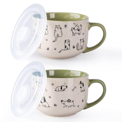 AmorArc 24 Ounces Ceramic Soup Mugs with Lids and Handle, Stoneware Bowls Cup Set of 2 for Soup, Stew, Noodle, Beautiful Mug Bowls With Lovely Dog,Cat Patterns, Microwave&Dishwasher Safe,Olive