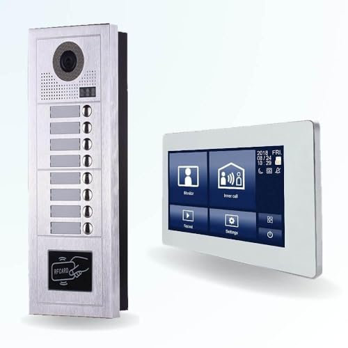 BT Security Portier interphone vidéo Modern 2 Fils - 8 Appartements - 8 écrans tactiles connectés 7 Blanc - avec Lecteur de Badge