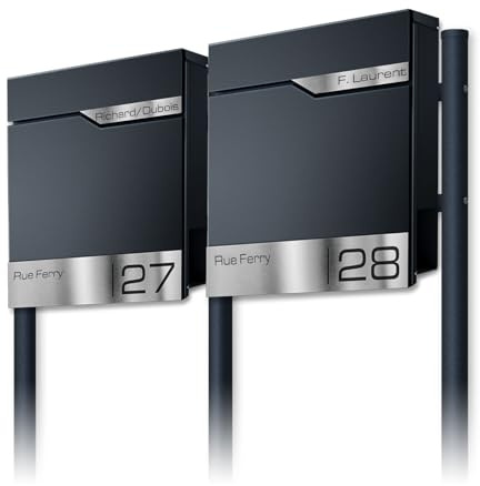 Metzler® Standbriefkasten Doppelbox mit integriertem Zeitungsfach und Edelstahl-Namensschild RAL 7016 anthrazit matt für 2-Familienhaus lesbar aus der Ferne freistehend Modell Siebert