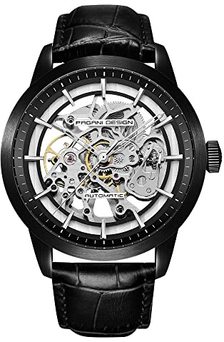 PaganiDesign Classic Fashion Uomo Scheletro Automatico Meccanico Orologio in pelle Cinturino in acciaio inox a carica automatica impermeabile Business Analogico sportivo Orologio da polso, nero