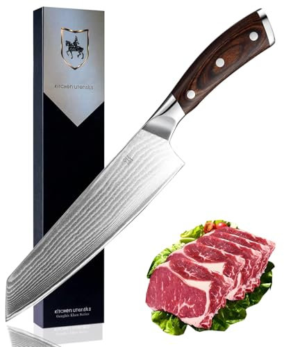 Loeosn Couteau de Chef Damas, Lame en Acier (Lame de 20 cm) Hachage professionnel des légumes, de la viande et des fruits