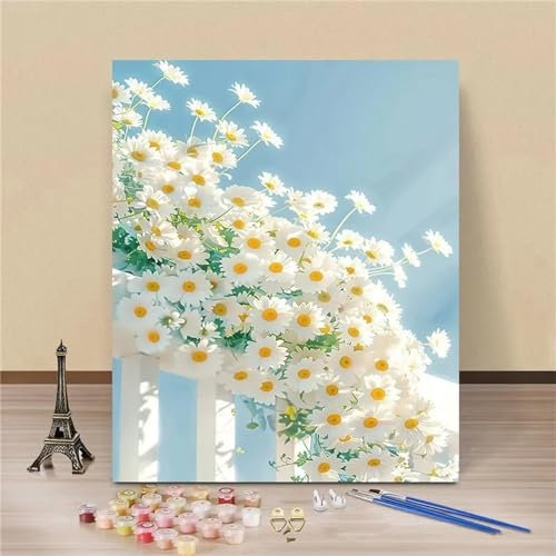 Aimaor Malen Nach Zahlen Erwachsene,Weißes Gänseblümchen Paint by Numbers Adult Bastelset Malen-Nach-Zahlen Kinder Anfänger Leinwand Kreativ Set DIY Set Malen nach Zahlen（DIY Frame） 50x65cm