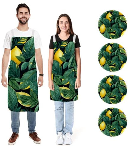 Lot de 2 tabliers de cuisine doux et réglables avec 2 grandes poches pour homme et femme Motif citronnier Vert, Citronnier vert, L:26.2x34.6in/66.5x88cm;M:26.2x26.6in/66.5x67.5cm