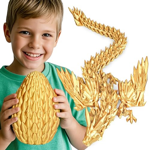 Olee Odee 3D gedruckte Drachen Eier mit beweglichem Drachen Sammler Figuren Fidget Spielzeug für Erwachsene Kinder Geburtstags Oster Regal Dekoration Aquarium,Gold,L (H: 18 cm)