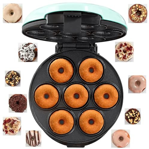 Mini máquina para Hacer donas, máquina para Hacer donas eléctrica Antiadherente de 7 Orificios con Superficie eléctrica Antiadherente, diseño termostático único, Hace 7 postres, para Vacaciones Blue