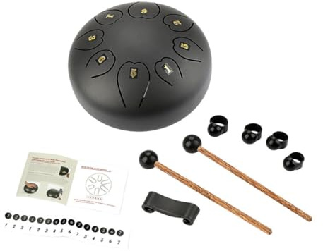 VINTORKY Schwarze Metall Zungentrommel Tragbare Ätherische Trommel für Anfänger mit Händen oder Schlägeln Spielbar für Bildung und Musikauftritte Holzelemente