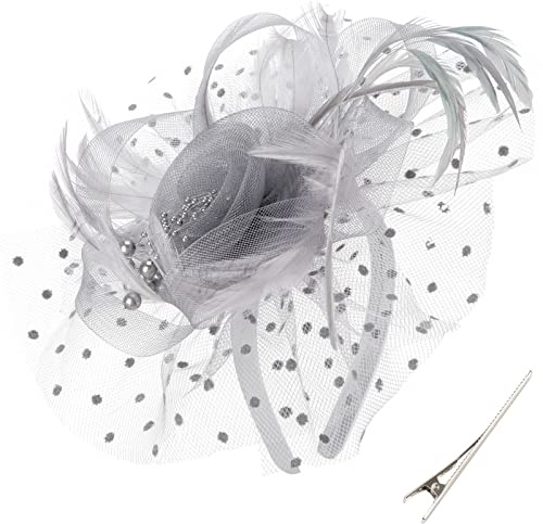 DRESHOW Fascinator Chapeau Plume Mariage Dames Day Bandeau et Clip Cocktail Tea Party Chapeau pour Fille et Femmes, Taille Unique, 1 pc Thicker: Gray