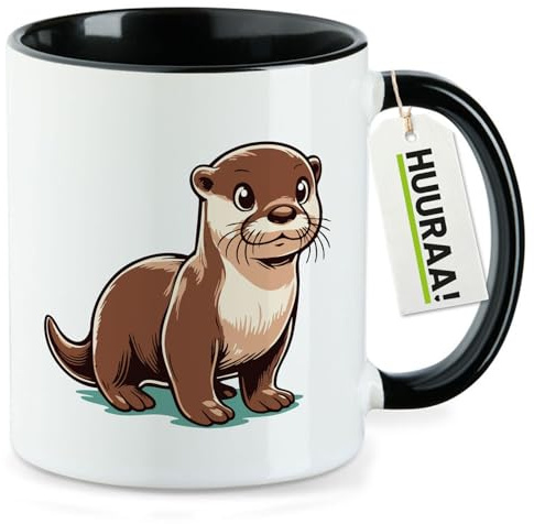 Huuraa Kaffeetasse Otter Comic Geschenk | Motivtasse 330ml Schwarz Keramik Tasse mit Spruch Kaffeebecher Geschenkidee Becher mit Motiv
