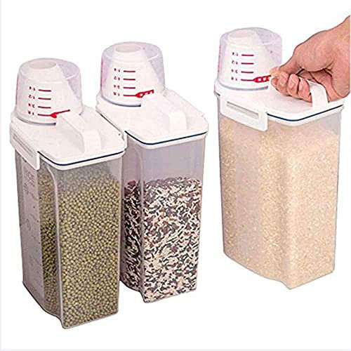 LYFDPN 3ps luftdichter Getreidebehälter 2KG Trockengetreidespender, tragbare Getreideaufbewahrungsbox, klares Reisfass mit Messbecher (Transparent 3 Packs)