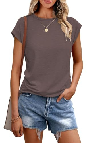 Cuptacc Camiseta de verano para mujer, cuello redondo, elegante, básica, manga corta, sin mangas, atuendo de negocios, Marron Oscuro, L