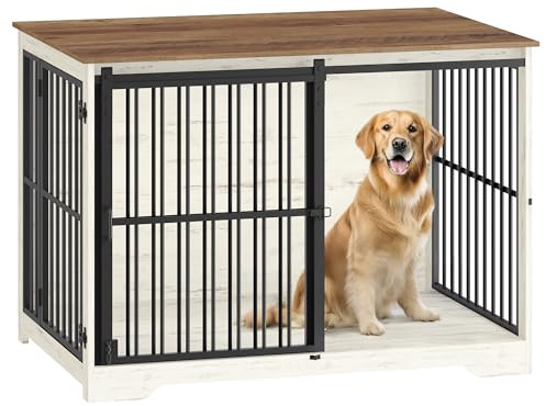Hzuaneri Cage pour Chiens, 110 cm Table d’Appoint, Niche Moderne pour Chiens, Cage pour Chiots, Maisonnette pour Animaux, 2 Portes, 110 × 65 × 81 cm, Blanc et Marron DFC84414B