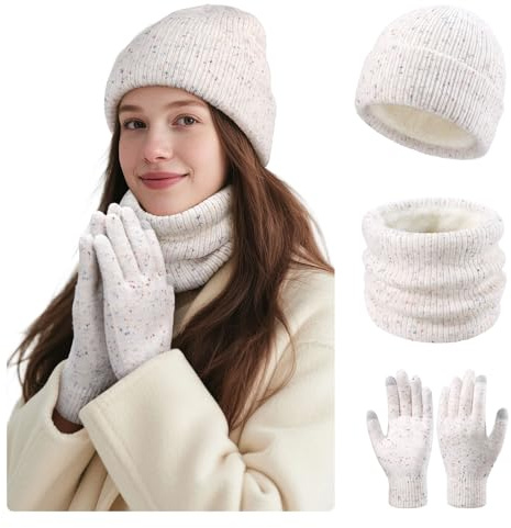 Damen Winter Set - Beanie Mütze, Loop Schal & Touchscreen Handschuhe - Fleece gefütterte 3er Set für extreme Wärme - Weiches Winteraccessoires Geschenk
