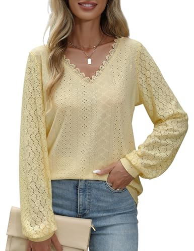 PASUDA Damblus, V-ringad långärmad elegant tunika, topp, ledig lös spetsärmar, skjortblus, casual damblusar, puffärmar, långärmad skjorta, toppar